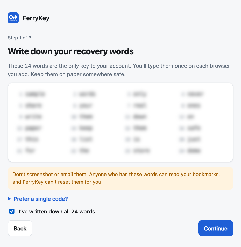FerryKey setup, step 1 of 3: write down your recovery words. The 24 words are blurred in this picture.